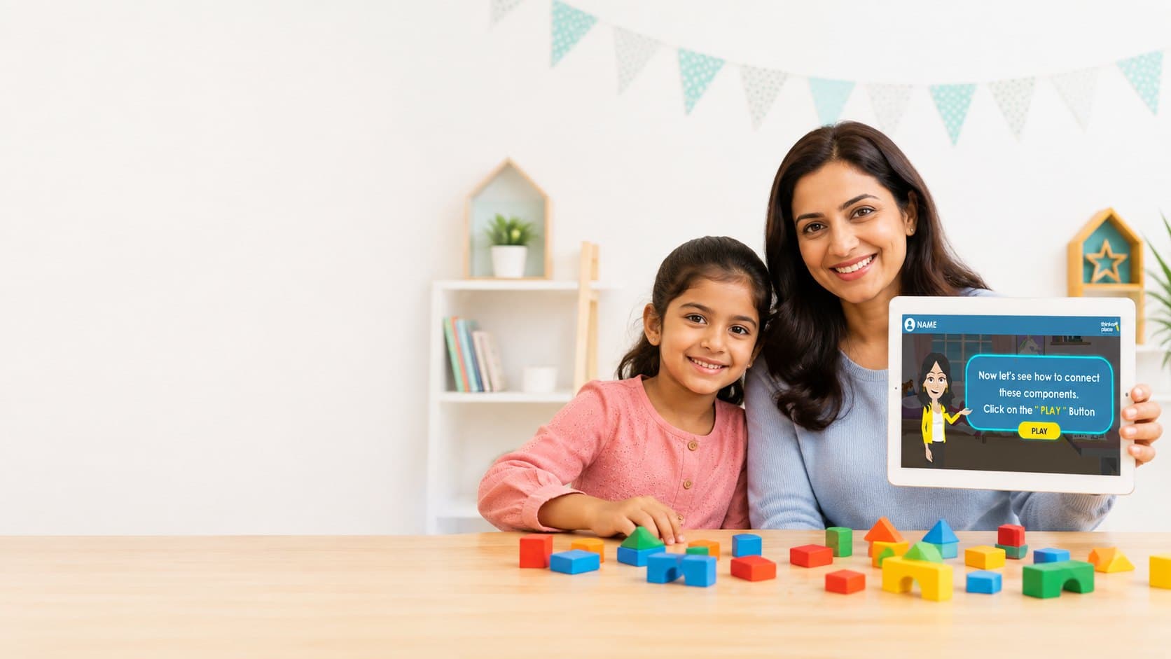 A mother and daughter exploring the ThinkerPlace LMS on a tablet