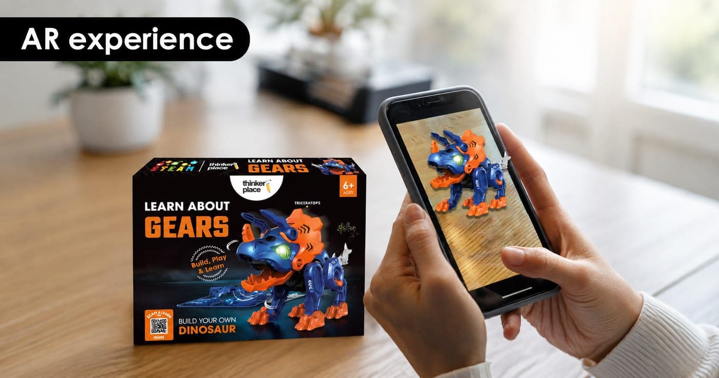 A child using the ThinkerPlace AR app to bring a robotics kit to life